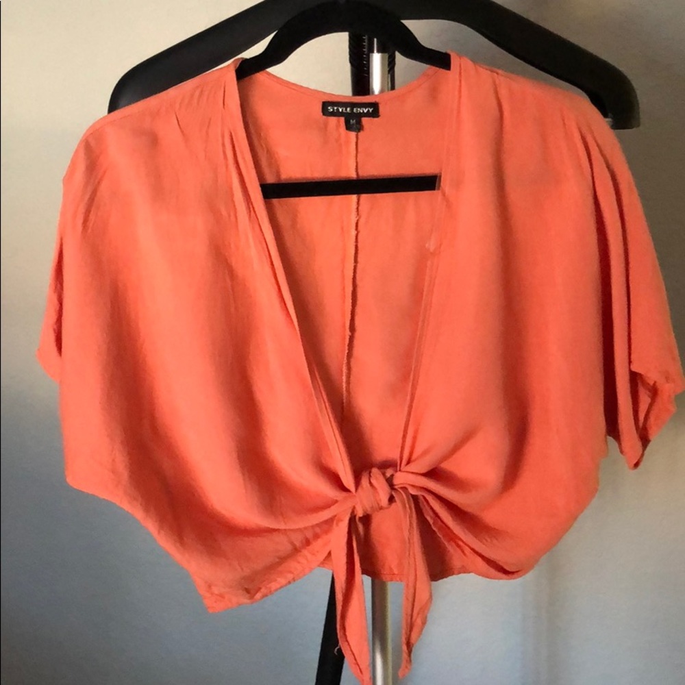 Coral front tie crop top